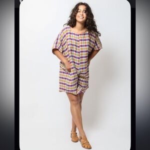Gravel and Gold Rancho Romper Spring‎ Plaid Multicolor linen cotton